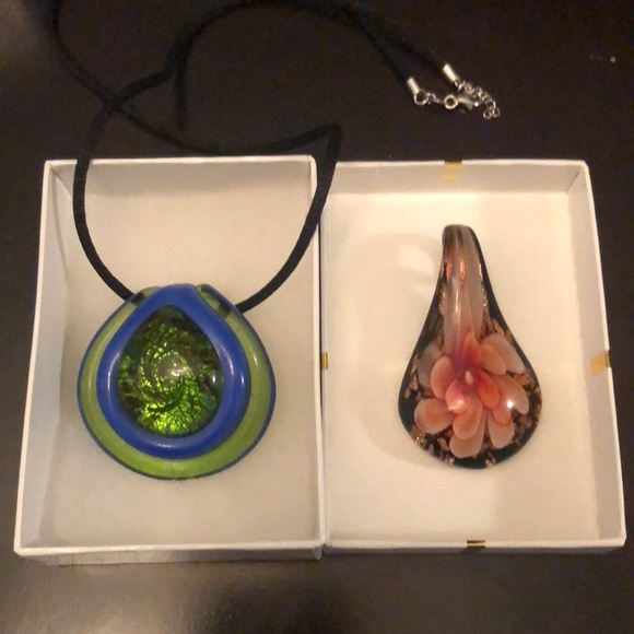 🌷2 Glass Pendants + Black & Sterling Silver Cord - Picture 1 of 8